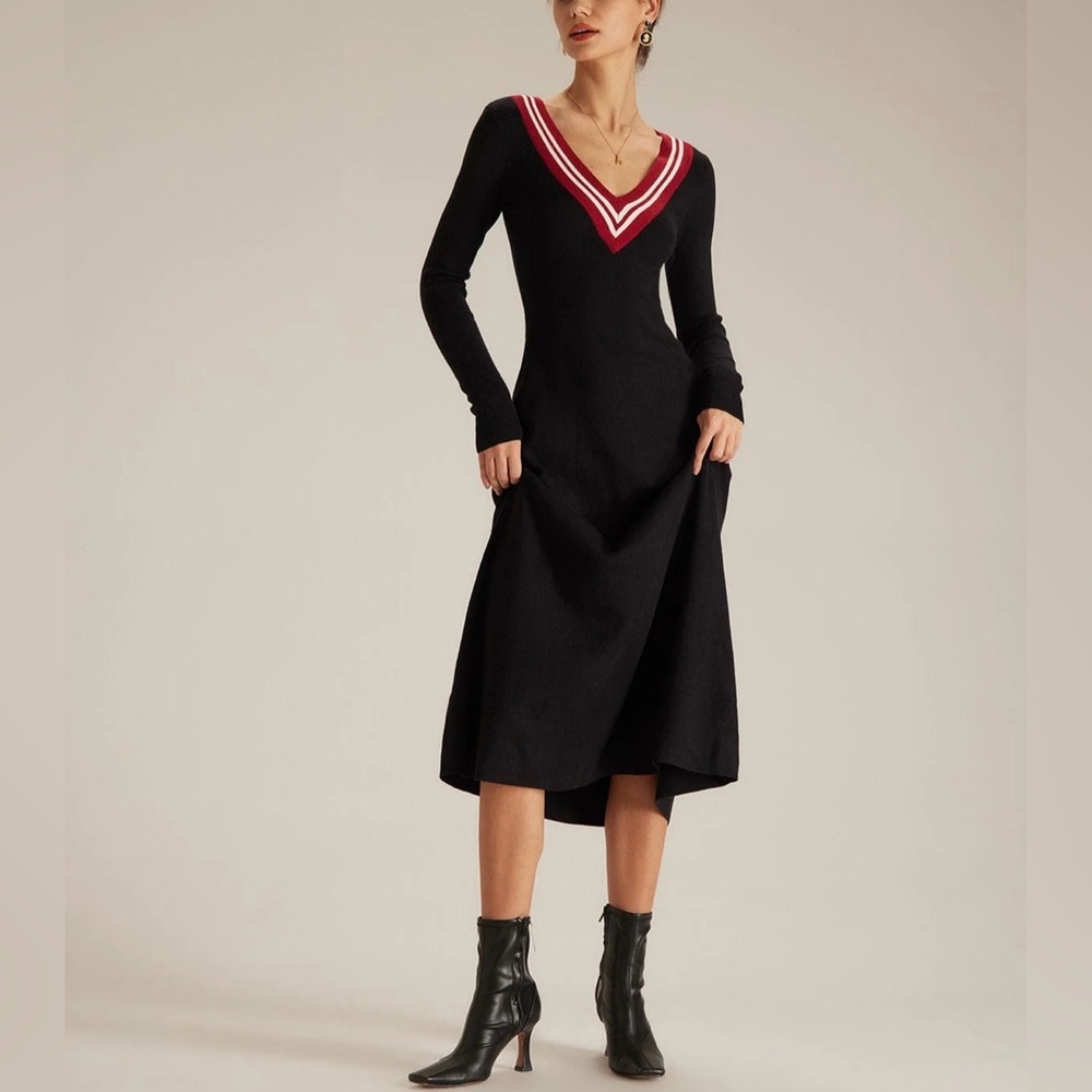 Rihoas Black V Neck Contrast Sweater Midi Dress, Size S, NWT